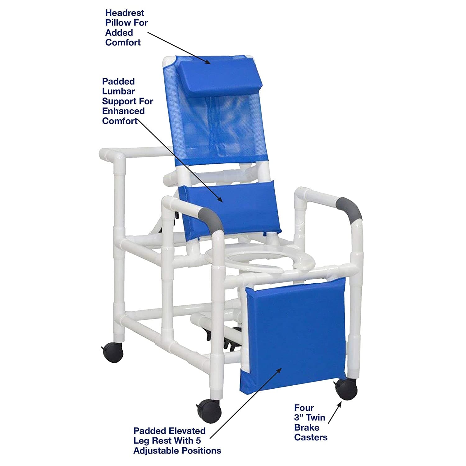 MJM International PVC Echo Reclining Rolling Shower Chair with Commode Opening - primehubstore.shop PVC Shower Chairs