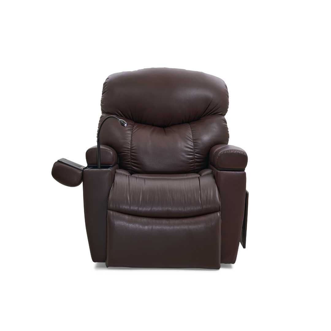 Golden Technologies PR511 MaxiComfort Cloud+ Assisted Lift Recliner - Small - Coffee Bean with attached lamp in arm rest