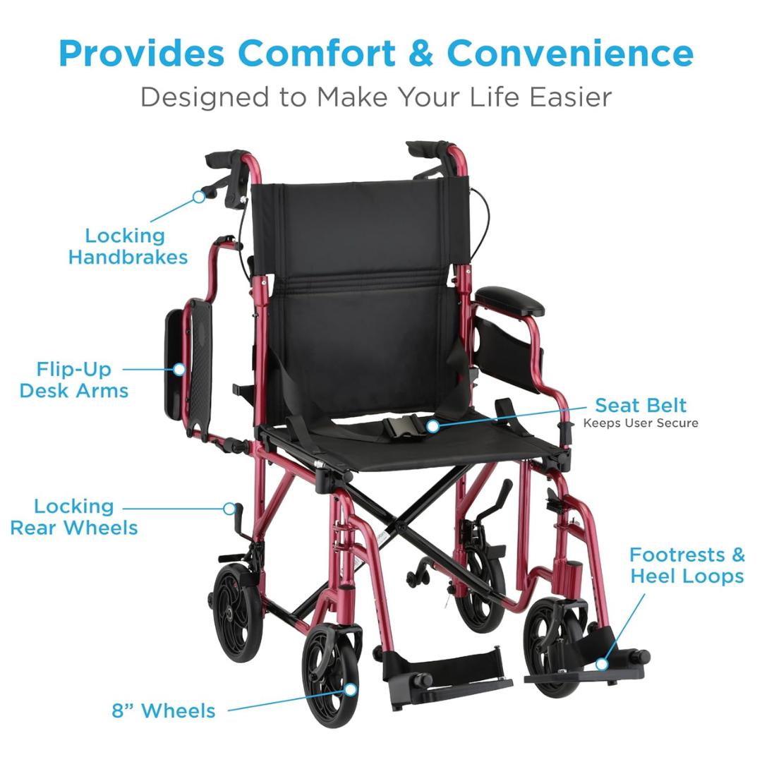 Nova Medical 350 Aluminum Lightweight Transport Chair with Flip-Up Desk Arms - primehubstore.shop Transport Chairs
