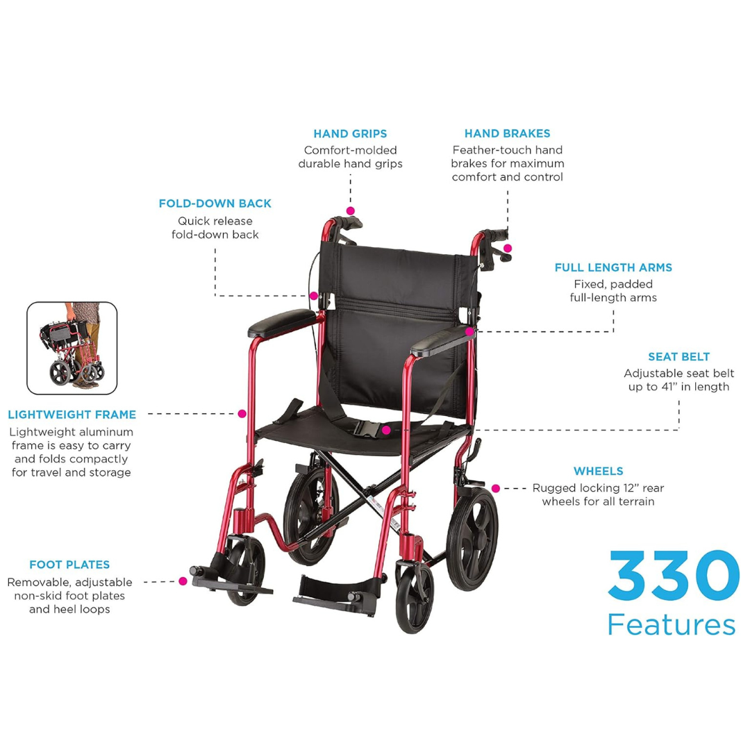 Nova Medical 330 20" Lightweight Folding Transport Chair with 12" Rear Wheels & Hand Brakes - primehubstore.shop Transport Chairs