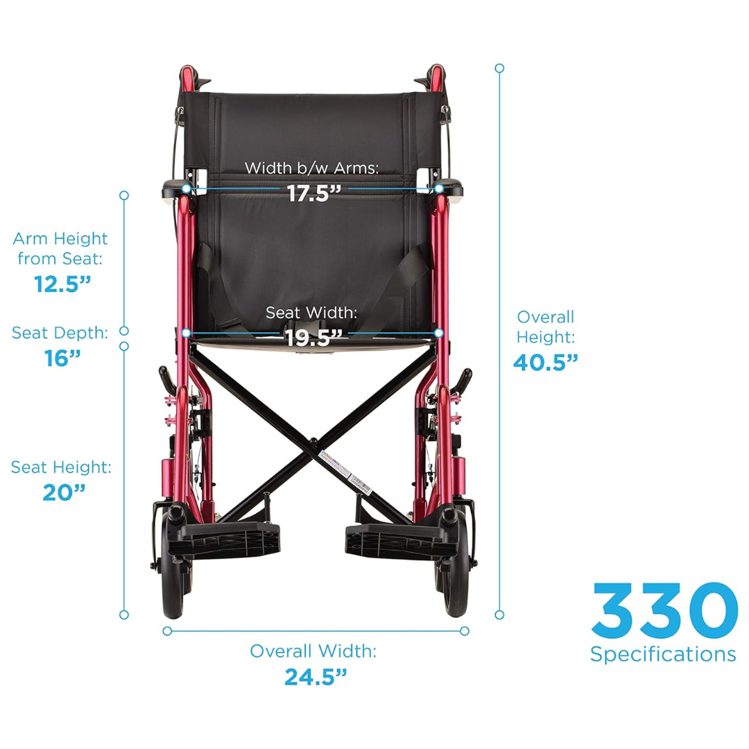 Nova Medical 330 20" Lightweight Folding Transport Chair with 12" Rear Wheels & Hand Brakes - primehubstore.shop Transport Chairs