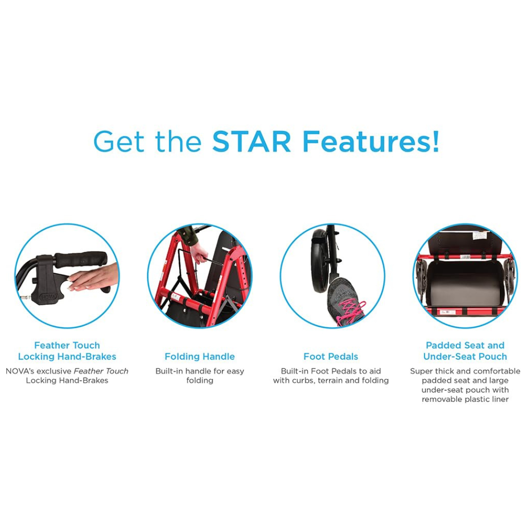 Nova Medical 4278 Star Folding Rollator Walker - Petite Size - Height 4'10" - 5'4" - primehubstore.shop Junior Rollators