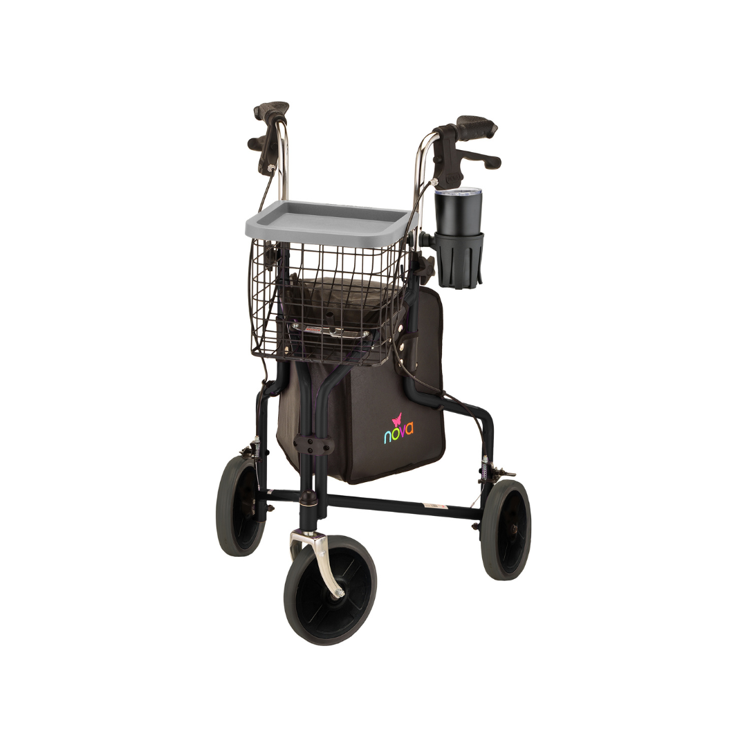 Nova Medical 4900 Traveler 3 Wheel Rollator Walker - 8” Wheels, Includes Bag, Basket and Tray - primehubstore.shop Rollators