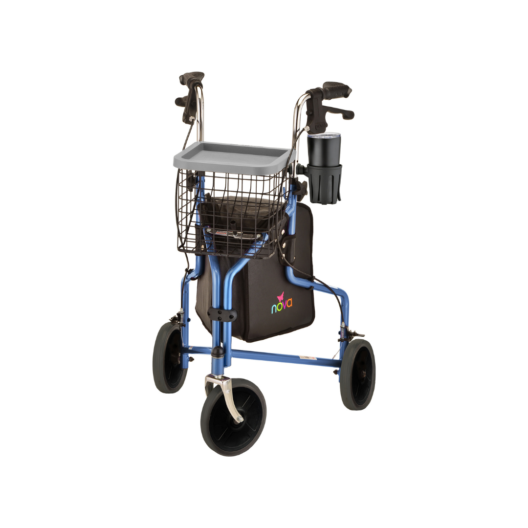 Nova Medical 4900 Traveler 3 Wheel Rollator Walker - 8” Wheels, Includes Bag, Basket and Tray - primehubstore.shop Rollators