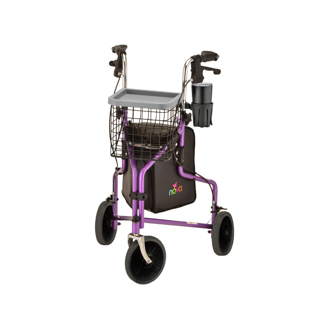 Nova Medical 4900 Traveler 3 Wheel Rollator Walker - 8” Wheels, Includes Bag, Basket and Tray - primehubstore.shop Rollators