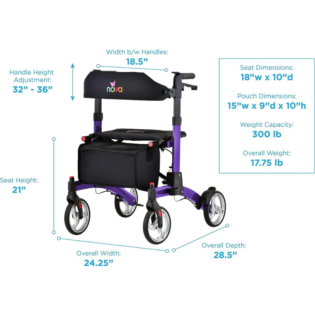 Nova Medical 4329 Monarch Adventure Foldable Rollator Walker with Large All Terrain 8” Wheels & Ultra Compact - primehubstore.shop Rollators