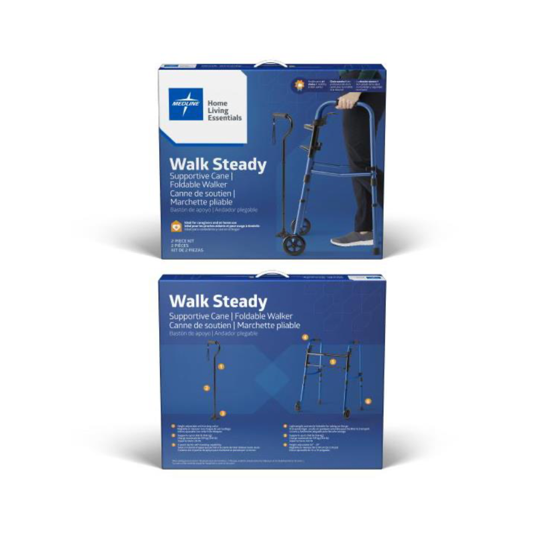 Medline Walk Steady Kit for Caregivers - Folding Walker & Cane Bundle - primehubstore.shop Walkers