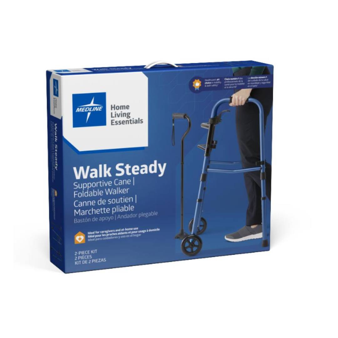 Medline Walk Steady Kit for Caregivers - Folding Walker & Cane Bundle - primehubstore.shop Walkers