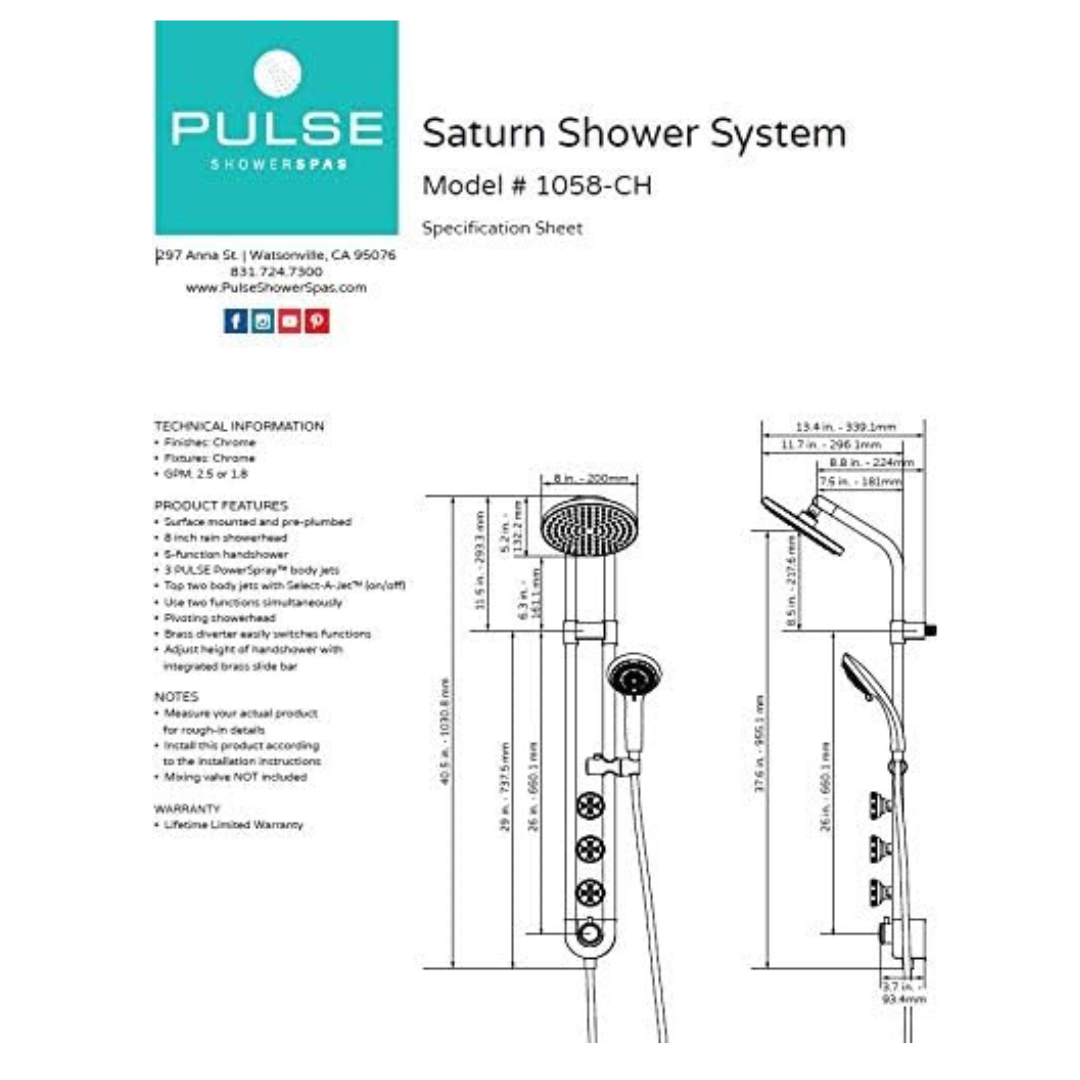 Pulse Showerspas Saturn System with 8" Rain Showerhead & 3 PowerSpray Body Jets - primehubstore.shop Shower Systems