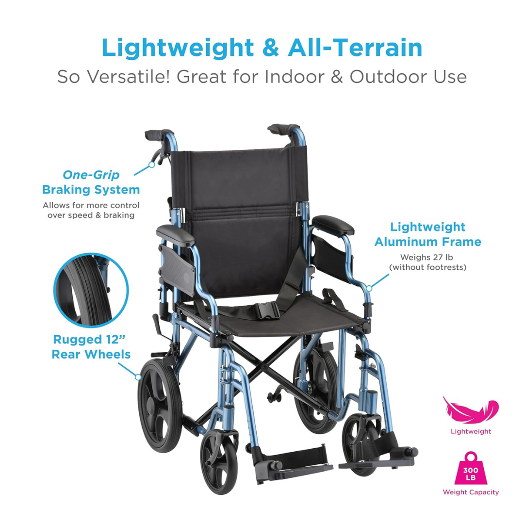 Nova Medical 353 Lightweight Transport Chair With One-Grip Locking Handbrakes - primehubstore.shop Transport Chairs