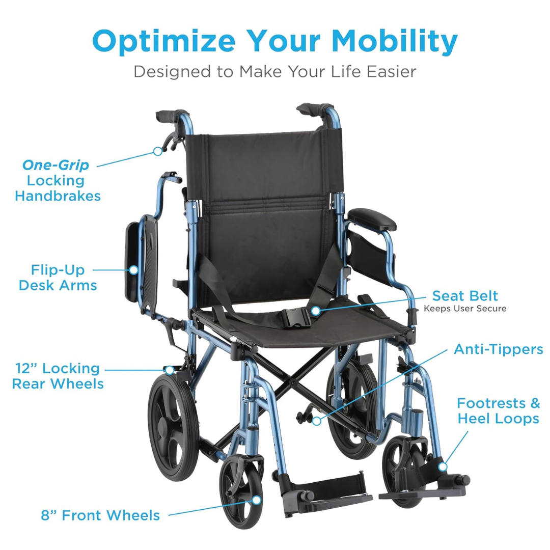 Nova Medical 353 Lightweight Transport Chair With One-Grip Locking Handbrakes - primehubstore.shop Transport Chairs