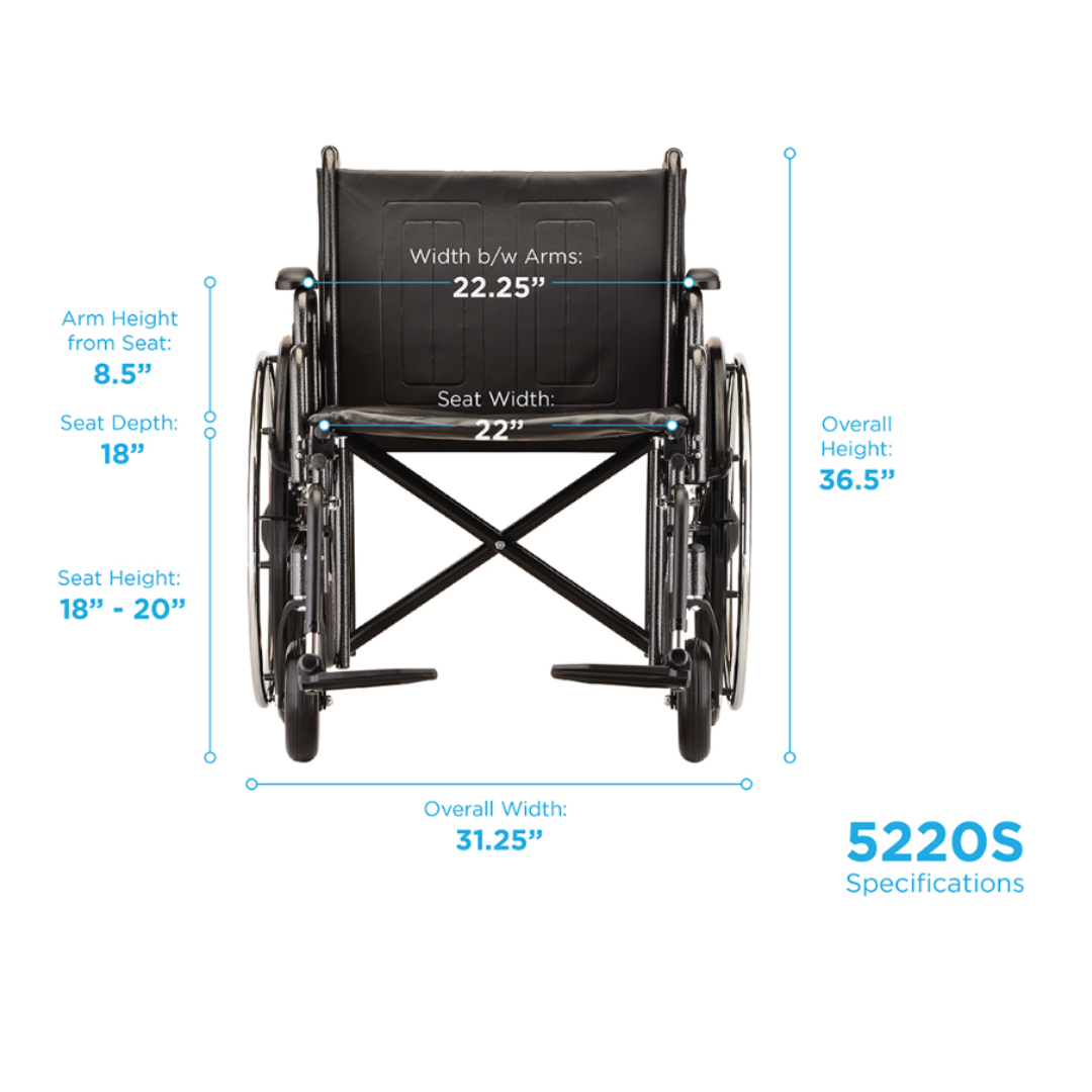 Nova Medical 5220 Steel Standard Extra Wide Wheelchairs - 22" Wide - primehubstore.shop Wheelchairs