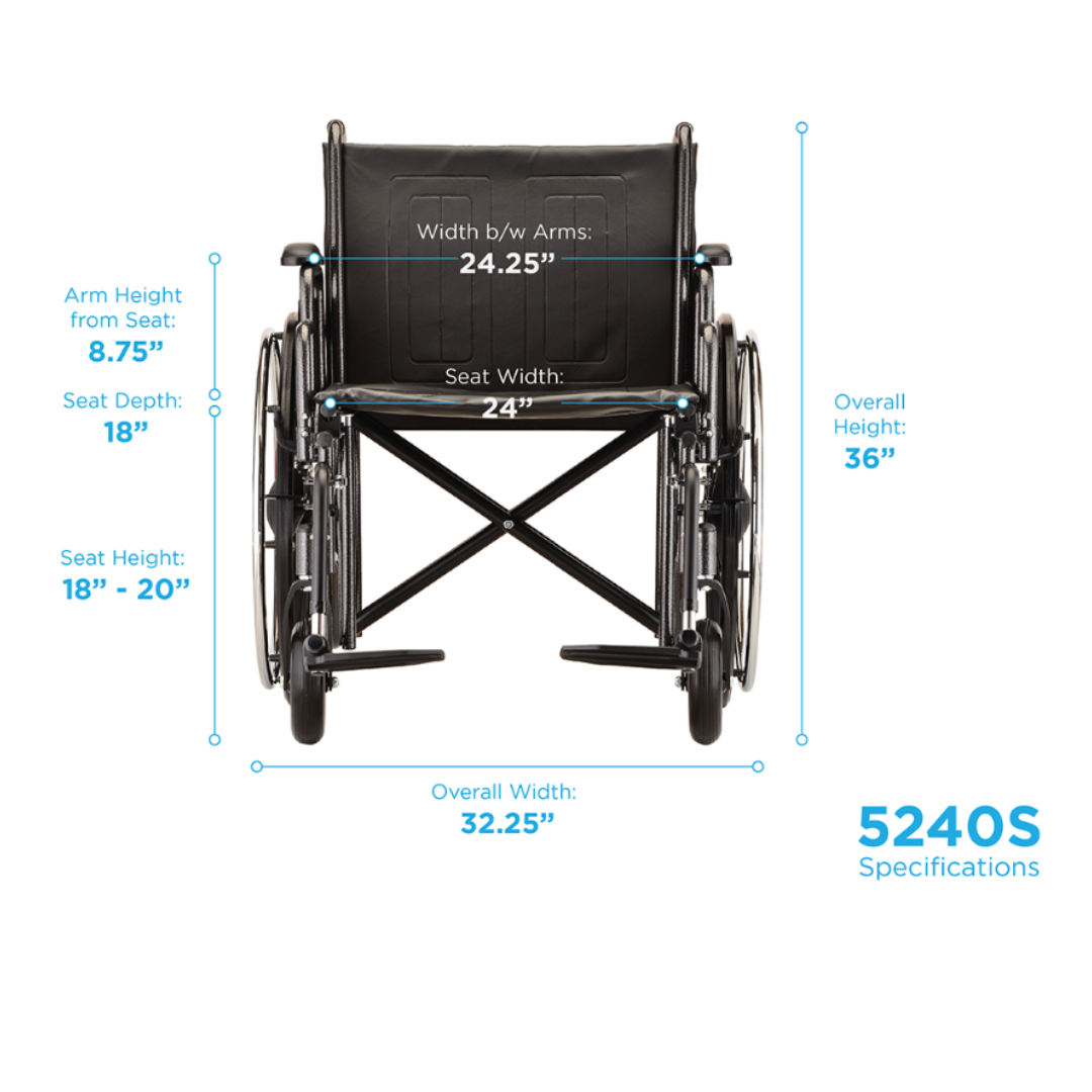 Nova Medical 5240S Extra Wide Steel Wheelchair with 24" Seat and Detachable Arms - primehubstore.shop Wheelchairs