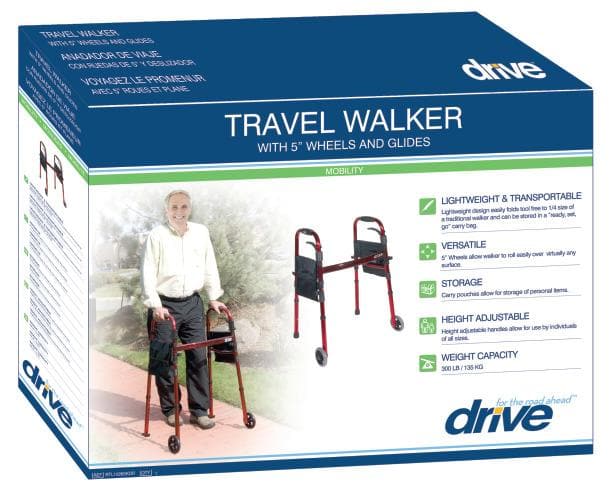 Drive Medical Portable Folding Travel Walker with 5 Wheels and Fold up Legs - primehubstore.shop Walkers