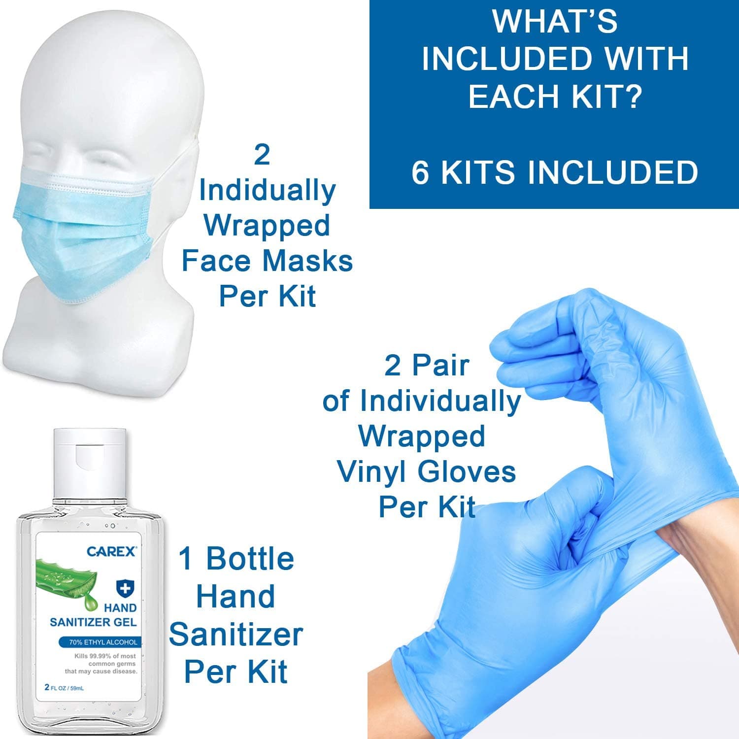 Carex PPE Portable Kit - 2 Pair Gloves, 2 Face Masks, 1 Bottle Sanitizer - primehubstore.shop PPE Kits