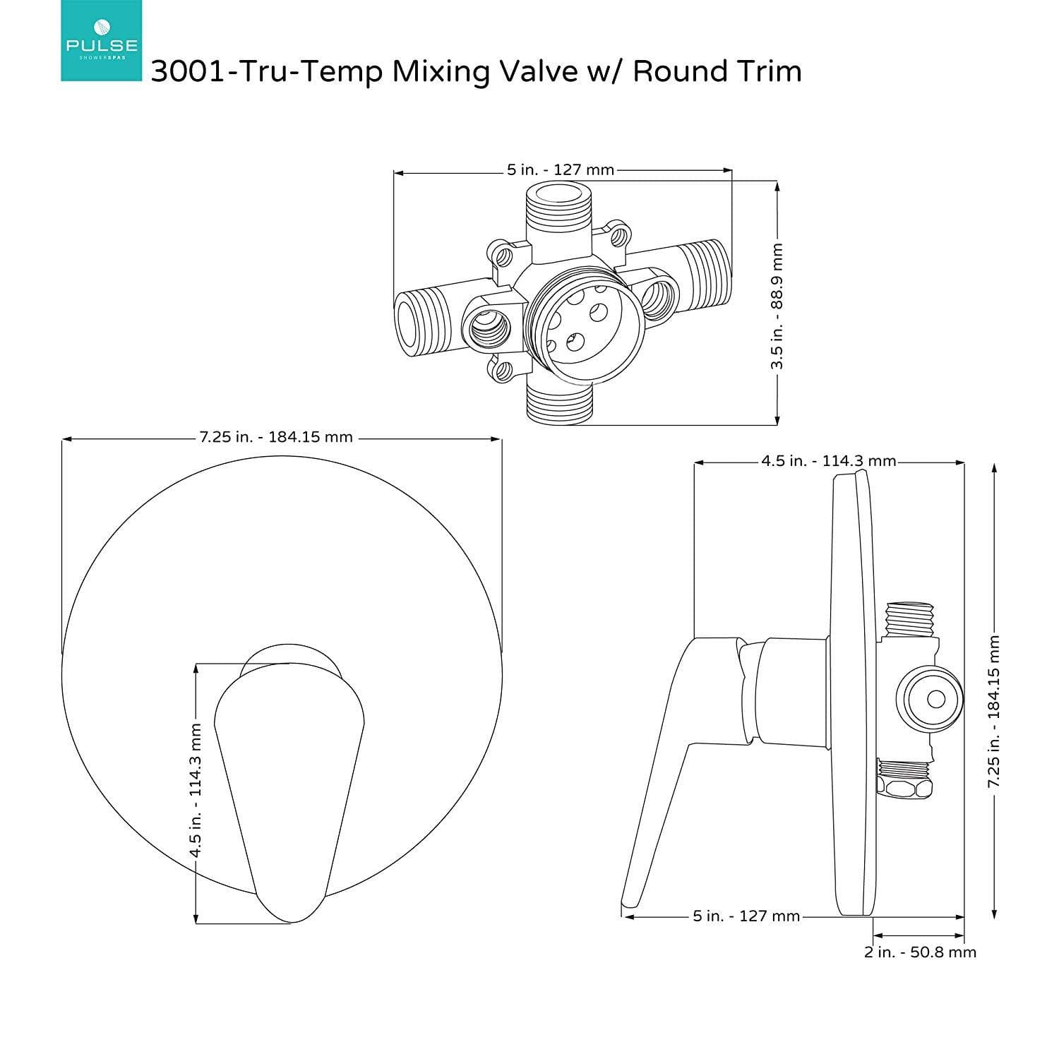 Pulse ShowerSpas Tru-Temp Mixing Valve - Pressure Balance Rough-In Valve Trim Kit - Round, 1/2" NPT - primehubstore.shop Shower Valves