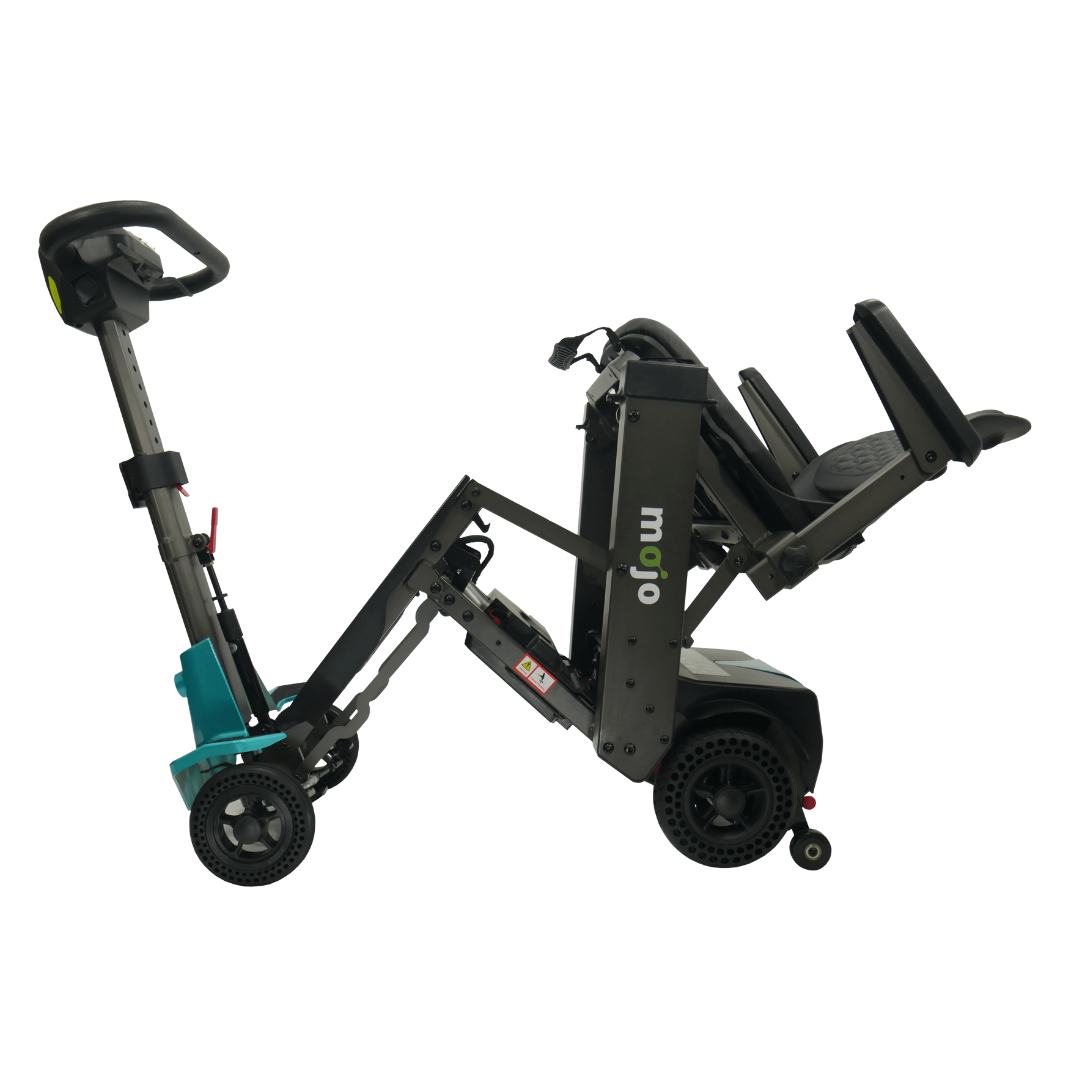 MOJO Lightweight Automatic Folding Travel Scooter - Airline Approved - Aqua partially folded