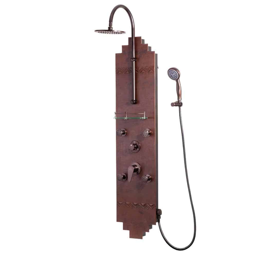 Pulse ShowerSpas Navajo ShowerSpa Panel with 8" Rain Showerhead, 4 Body Spray Jets, 5-Function Hand Shower, Glass Shelf, Hand Hammered Copper with Oil-Rubbed Bronze Finish - primehubstore.shop Shower Systems