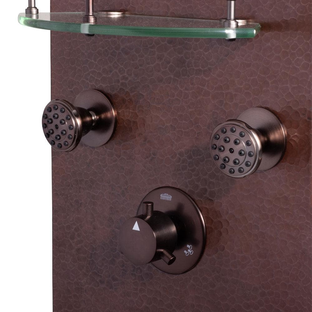Pulse ShowerSpas Navajo ShowerSpa Panel with 8" Rain Showerhead, 4 Body Spray Jets, 5-Function Hand Shower, Glass Shelf, Hand Hammered Copper with Oil-Rubbed Bronze Finish - primehubstore.shop Shower Systems