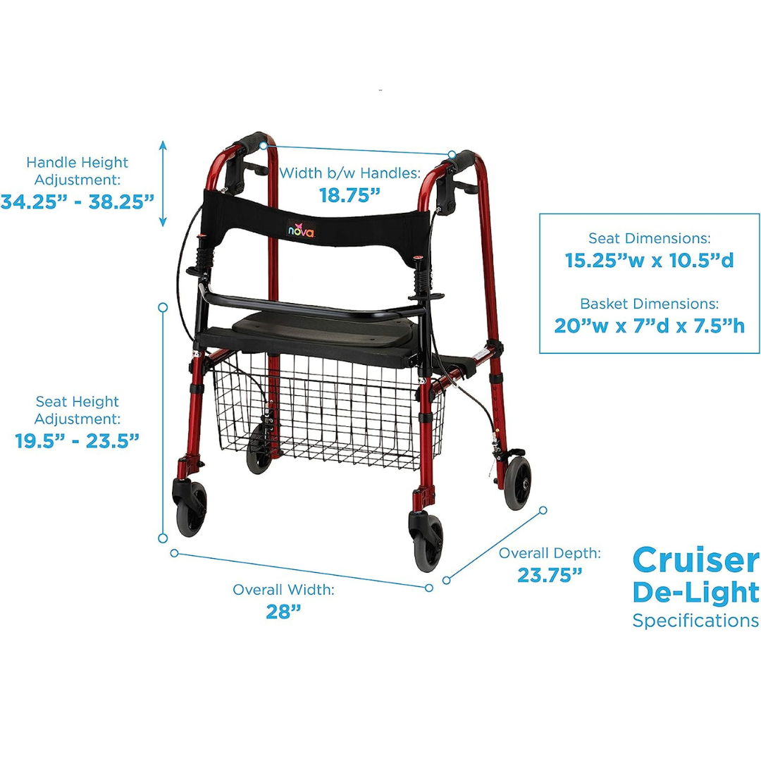 Nova Medical 4010 Cruiser De-Light Hybrid Walker Rollator with Seat - primehubstore.shop Rollators