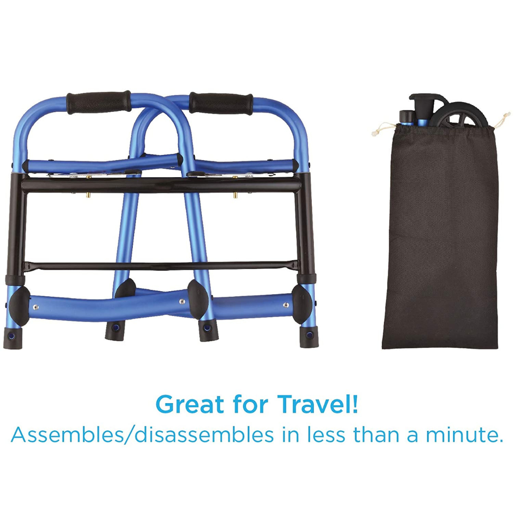 Nova Medical Folding Walker with 5” Front Wheels, Glide Skis and Mobility Bag - Blue - primehubstore.shop walkers