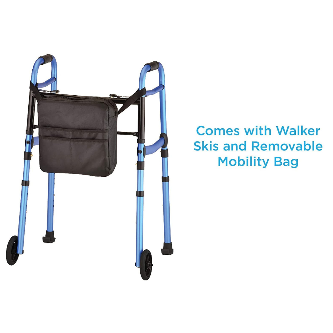 Nova Medical Folding Walker with 5” Front Wheels, Glide Skis and Mobility Bag - Blue - primehubstore.shop walkers