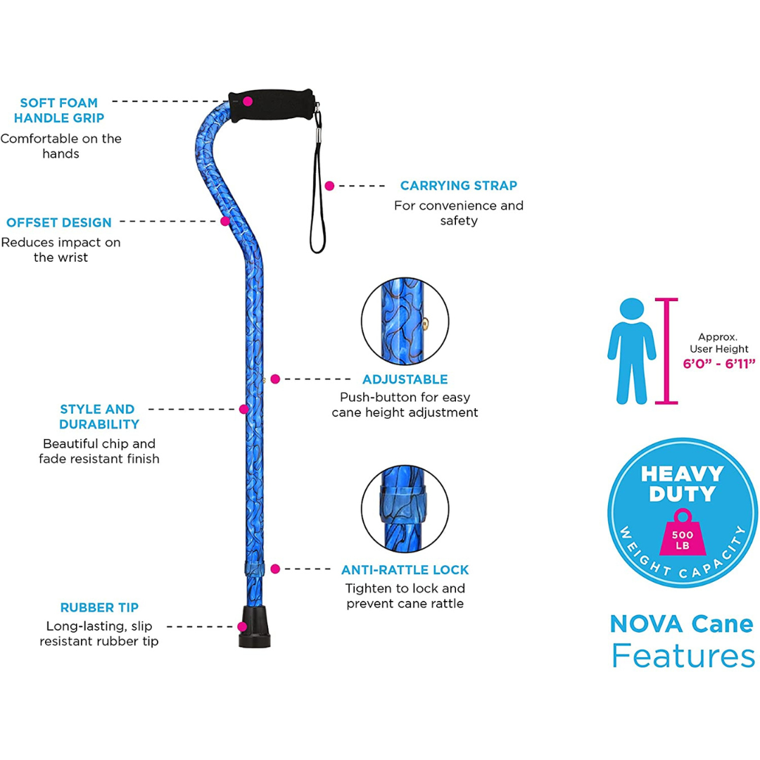 Nova Medical HD Extra Tall Heavy Duty Offset Cane - Up To Users 6'11" - primehubstore.shop Canes