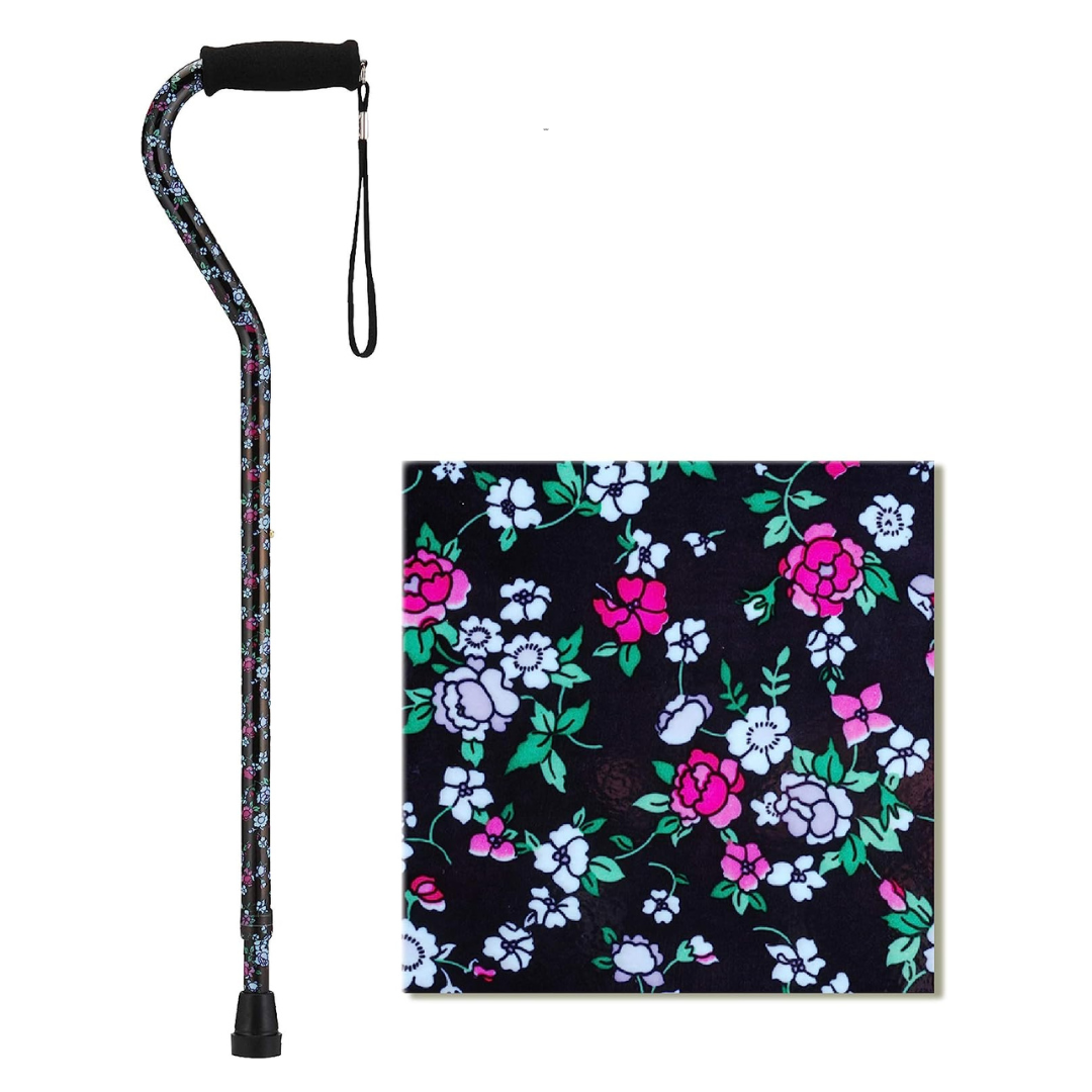 Nova Medical Lightweight Adjustable Designer Canes with Offset Handles - Black w/ Blue and Pink Flowers