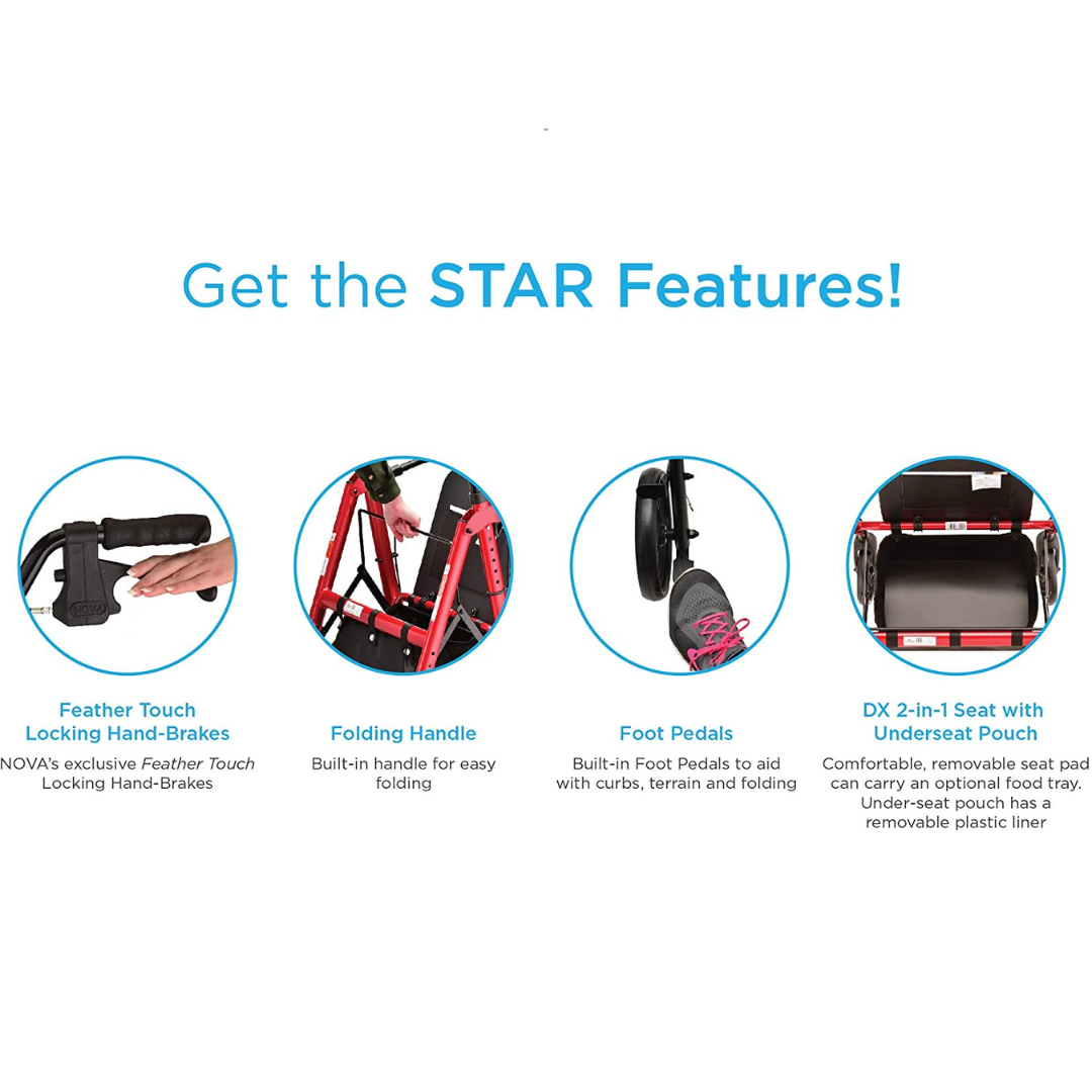 Nova Medical 4262 Star DX Rollator Walker with Wide Padded Seat & 8” Wheels - primehubstore.shop Rollators