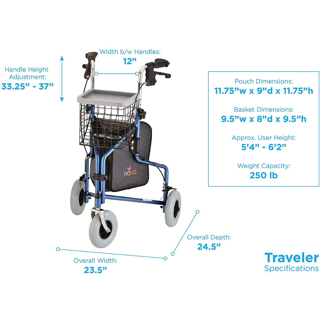 Nova Medical 4900 Traveler 3 Wheel Rollator Walker - 8” Wheels, Includes Bag, Basket and Tray - primehubstore.shop Rollators