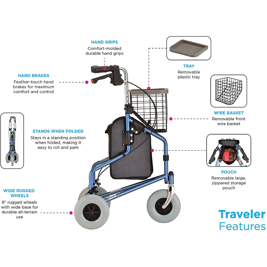Nova Medical 4900 Traveler 3 Wheel Rollator Walker - 8” Wheels, Includes Bag, Basket and Tray - primehubstore.shop Rollators
