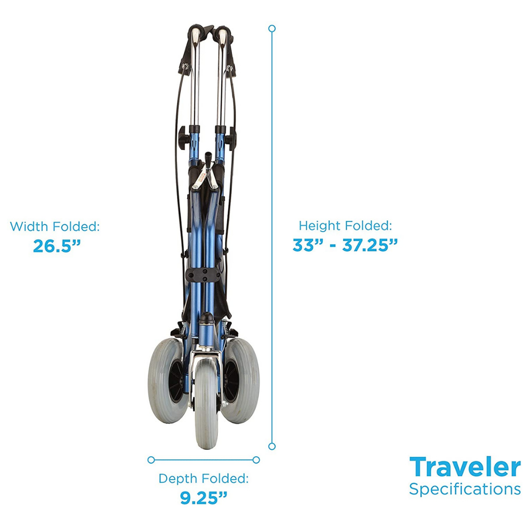 Nova Medical 4900 Traveler 3 Wheel Rollator Walker - 8” Wheels, Includes Bag, Basket and Tray - primehubstore.shop Rollators