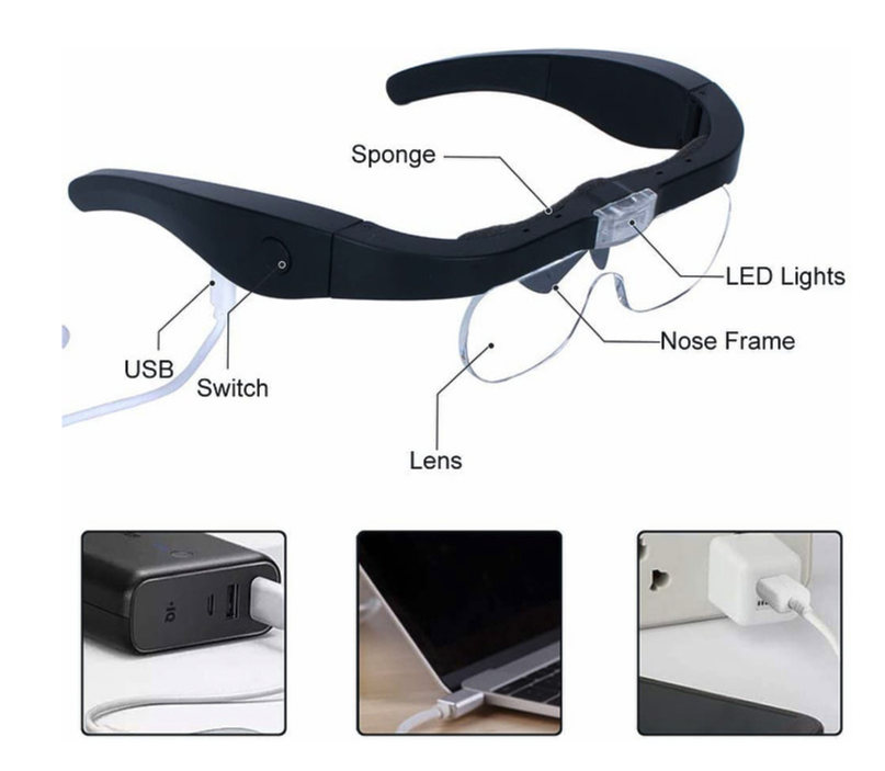 Magnipros Rechargeable Head Magnifying Glasses with 2 LEDs & 4 Detachable Lenses - primehubstore.shop Magnifying Glasses