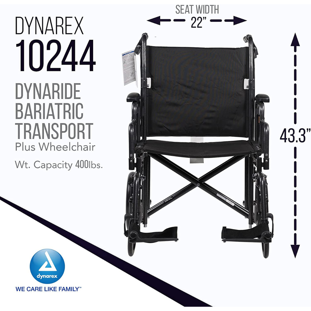 Dynarex DynaRide Folding Bariatric Transport Plus Wheelchair - 22” x 18” Seat - primehubstore.shop Transport Chairs