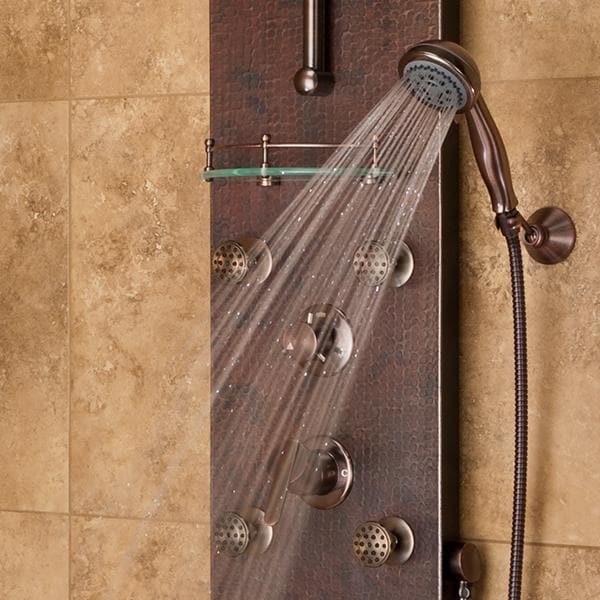 Pulse ShowerSpas Navajo ShowerSpa Panel with 8" Rain Showerhead, 4 Body Spray Jets, 5-Function Hand Shower, Glass Shelf, Hand Hammered Copper with Oil-Rubbed Bronze Finish - primehubstore.shop Shower Systems