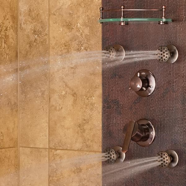 Pulse ShowerSpas Navajo ShowerSpa Panel with 8" Rain Showerhead, 4 Body Spray Jets, 5-Function Hand Shower, Glass Shelf, Hand Hammered Copper with Oil-Rubbed Bronze Finish - primehubstore.shop Shower Systems
