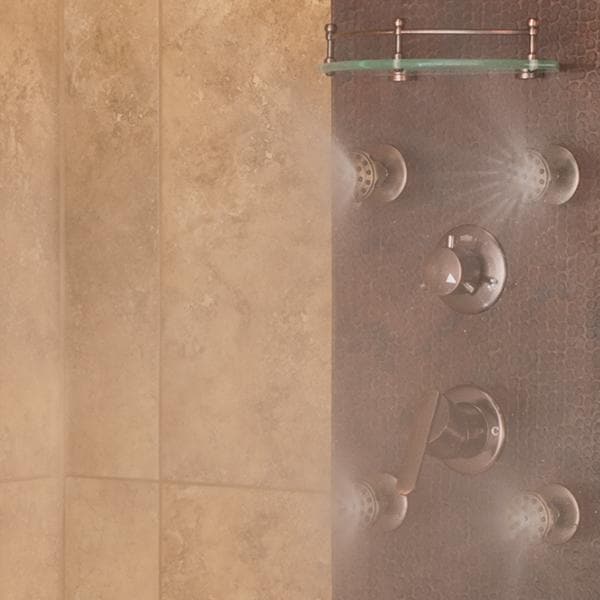 Pulse ShowerSpas Navajo ShowerSpa Panel with 8" Rain Showerhead, 4 Body Spray Jets, 5-Function Hand Shower, Glass Shelf, Hand Hammered Copper with Oil-Rubbed Bronze Finish - primehubstore.shop Shower Systems